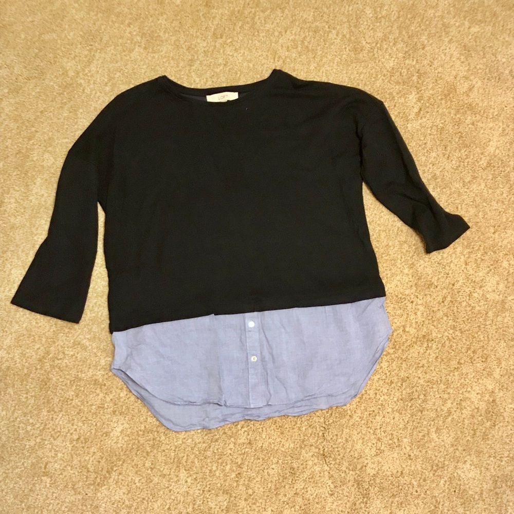 Navy Blue Sweater with Chambray Hem Blouse